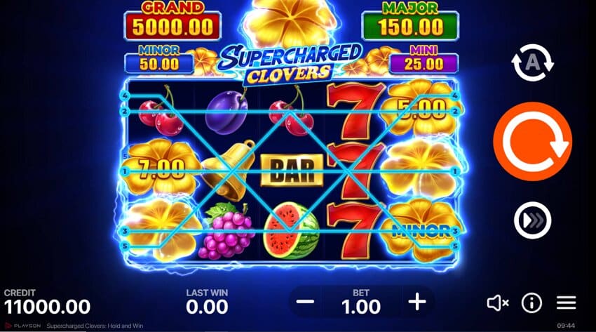Supercharged Clovers Hold and Win slot game reel
