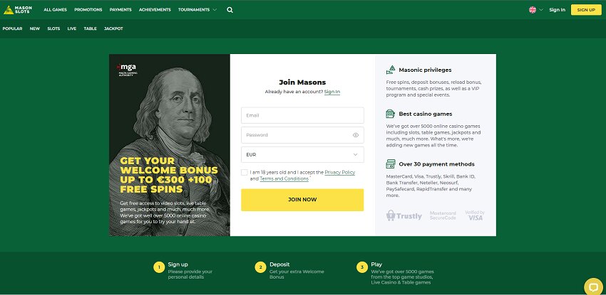 Mason Slots Casino Home Page