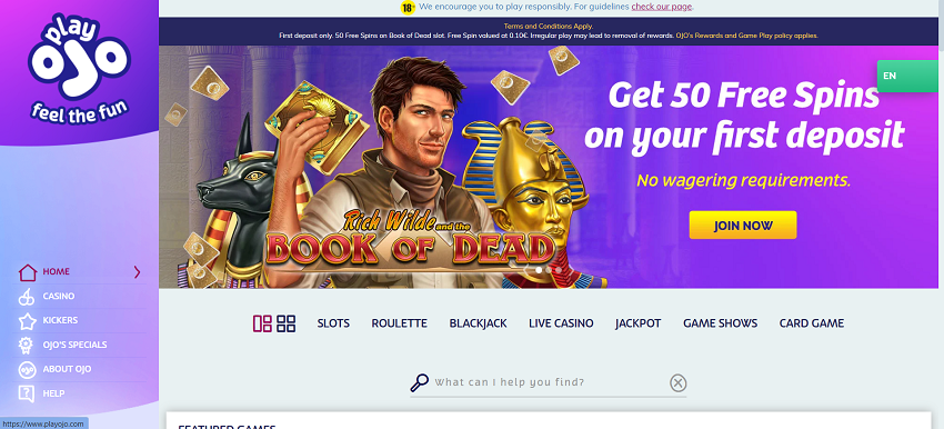 PlayOjo Casino Home Page