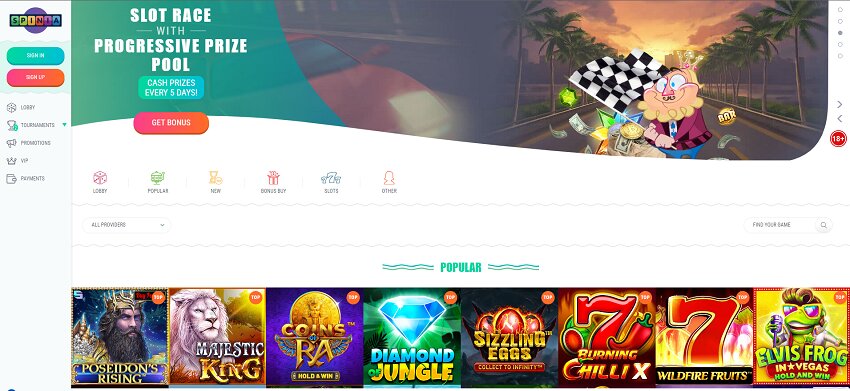 Spinia Casino Home Page