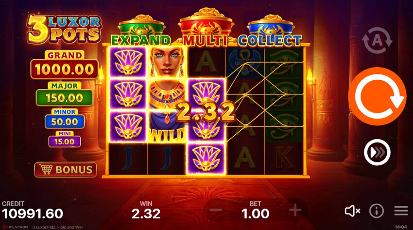 3 Luxor Pots hold and win slot game win