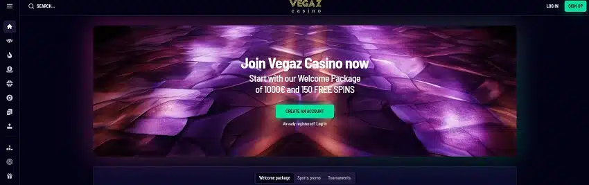 Vegaz Casino Home Page