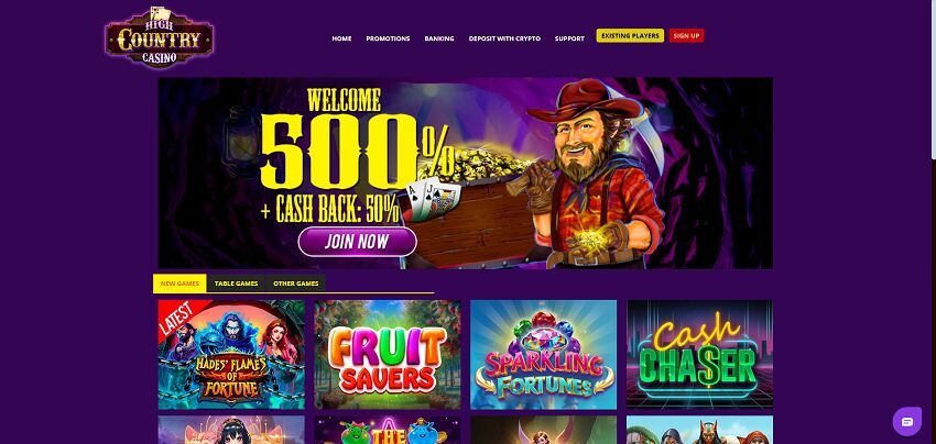 High Country Casino Home Page and Welcome Bonus