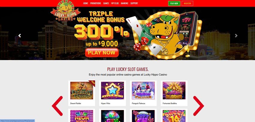 Lucky Hippo Casino Home Page and Welcome Bonus